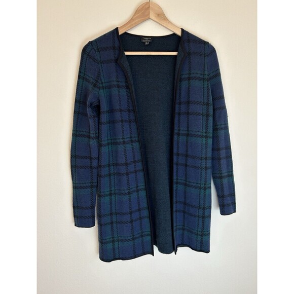 Talbots Pure Merino Wool Sweater Cardigan P XS Plaid Green Tartan Blue Open - Picture 1 of 4